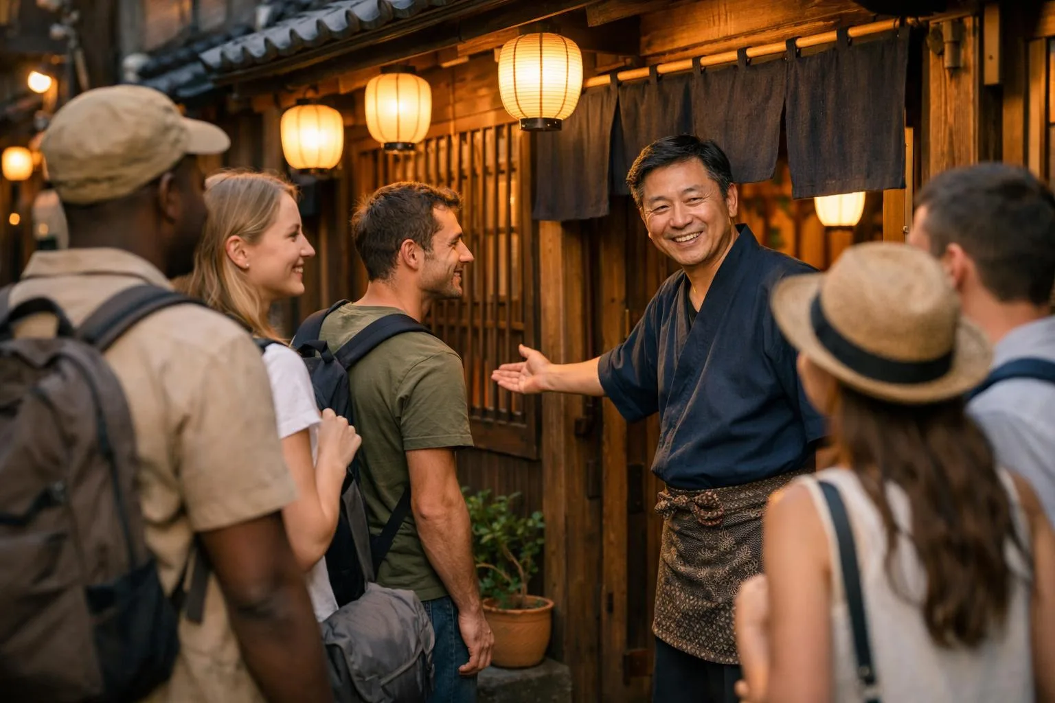 居酒屋の店頭で外国人観光客を迎える日本の飲食店主