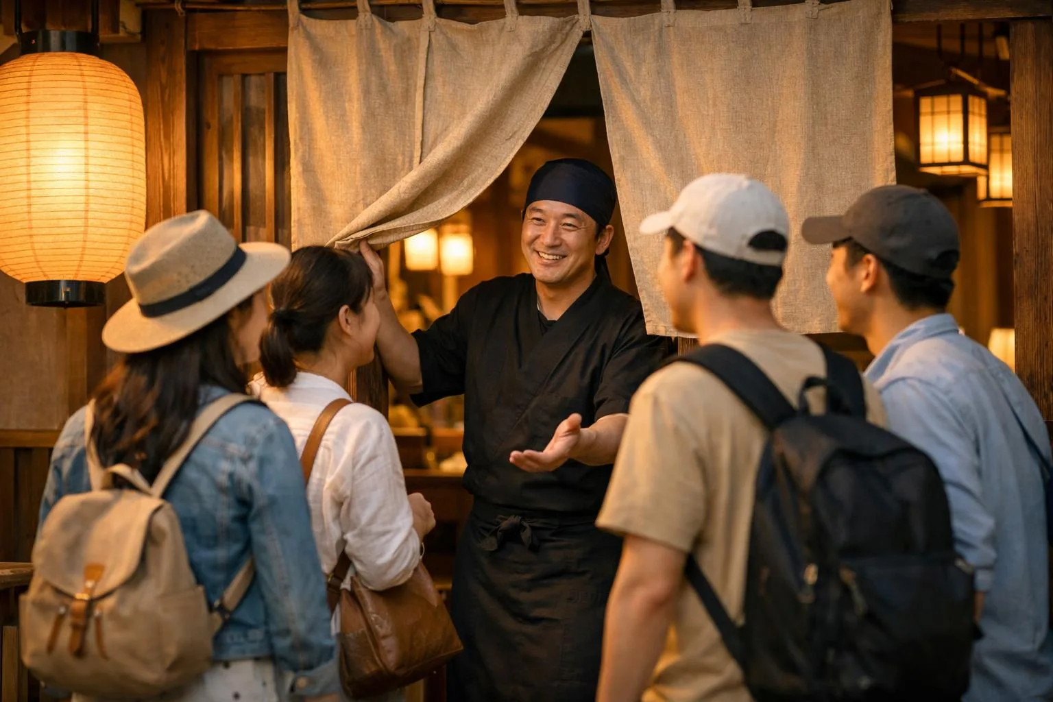 日本の居酒屋が韓国人観光客のグループを笑顔で迎え入れている様子