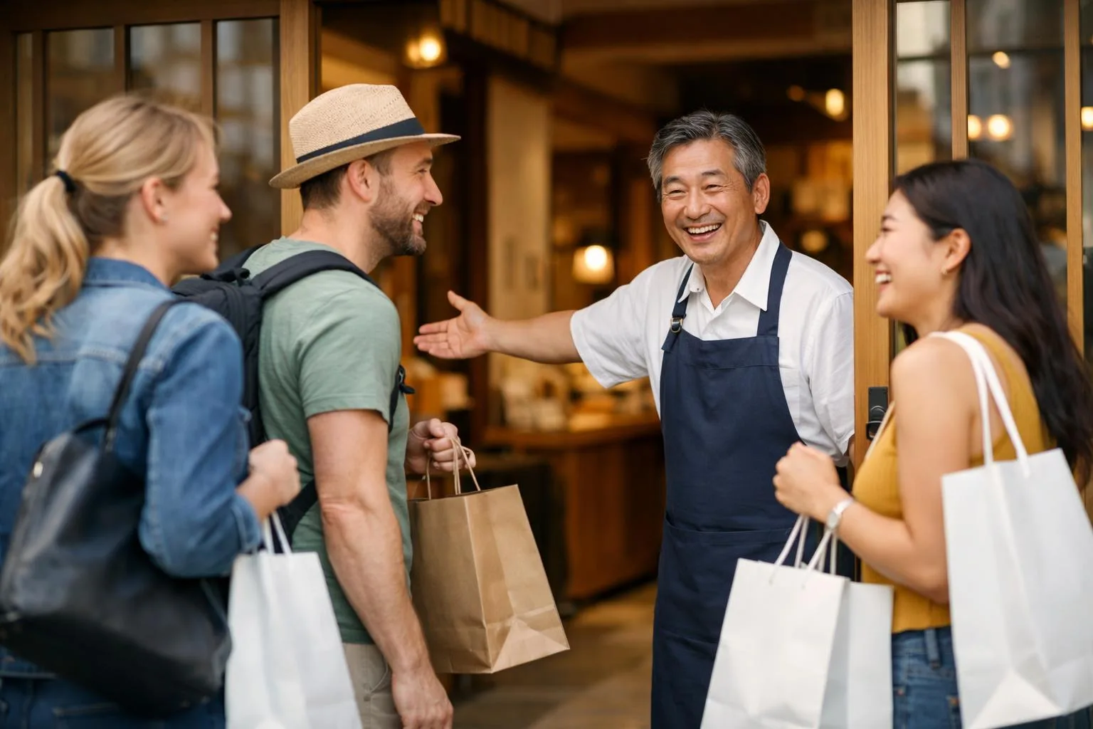 日本の店舗スタッフが外国人観光客を笑顔で迎えている様子